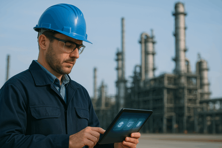 A clean, professional image showing an oil refinery or pressure vessel inspector with a hardhat, clipboard, and digital tablet. Overlay text: “Earn API CPD Hours Online.” The background should include subtle graphics representing training modules or certificates. Use dark blue and metallic tones for a technical, API-compliant feel.