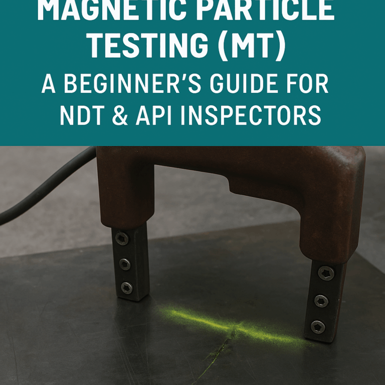 Magnetic particle testing using a handheld yoke showing fluorescent particles highlighting a surface crack.