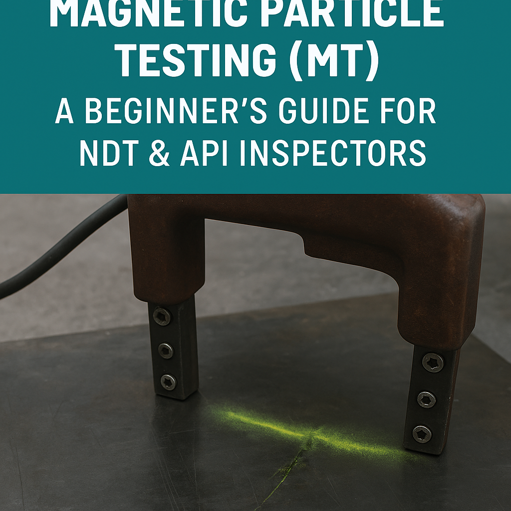 Magnetic particle testing using a handheld yoke showing fluorescent particles highlighting a surface crack.